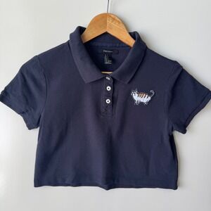 Forever 21 Crop Top Polo Shirt Cat Embroidery Short Sleeve Navy S‎